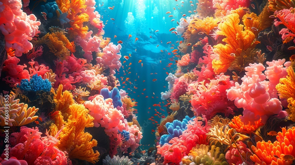 Colorful underwater coral landscape. Vibrant coral reef in ocean waters. Art. Concept of marine life, underwater biodiversity, tropical ecosystem, and natural aquarium. DMT art style illustration - obrazy, fototapety, plakaty 