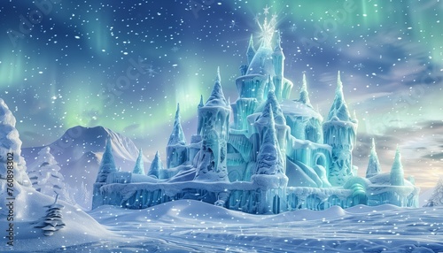 An ice castle in a winter wonderland with auroras and snowflakes glittering in the sky. landscape with castle and snow