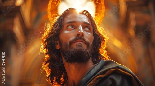 Jesus Christ with a halo of light. The Messiah radiating hope and divinity. Concept of Christian faith, Easter, resurrection, religious, spirituality, beliefs, Savior, divine presence