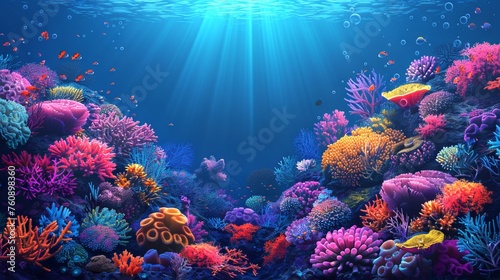 Colorful underwater coral landscape. Vibrant coral reef in ocean waters. Artwork. Concept of marine life, underwater biodiversity, tropical ecosystem, and natural aquarium. Digital illustration © Jafree