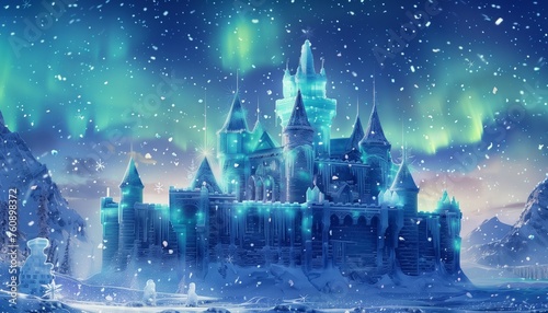 An ice castle in a winter wonderland with auroras and snowflakes glittering in the sky. landscape with castle and snow