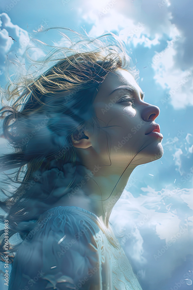 A woman gazes into distance under small clouds, imbuing scene with calm serenity 🌥️✨ Details in clouds and landscape add depth to concept of freedom.