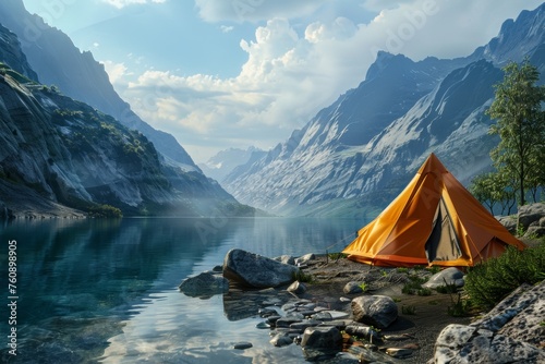 tent by the lake with mountains in the background Generative AI