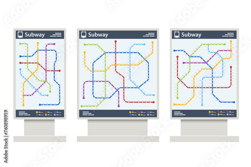 Flat metro or subway map isolated on white background. Underground way. Fictional metro map.