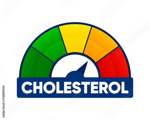 Cholesterol level meter with low and high fat test. Blood risk. Cholesterol level meter gauge with arrow indicator. Vector illustration.