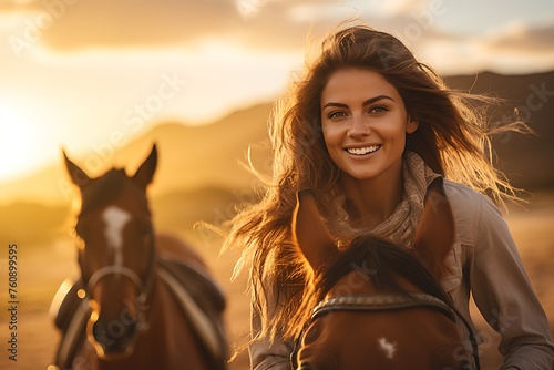 beautiful young woman riding a horse at sunset