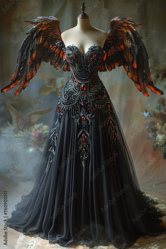 Woman in Black Dress With Large Wings