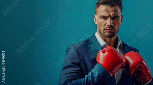 A man in a business suit, a businessman in boxing gloves concept of a strong businessman ready to fight