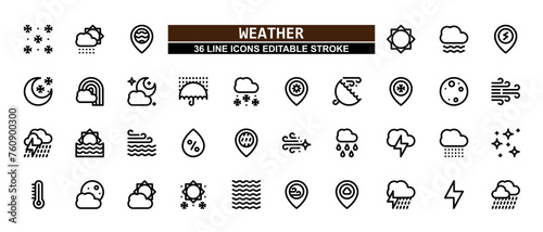 36 Weather Line Icons Set Pack Editable Stroke Vector Illustration.