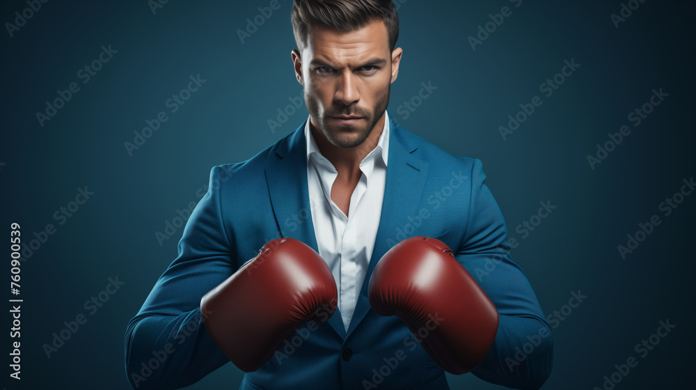 A man in a business suit, a businessman in boxing gloves concept of a strong businessman ready to fight A man in a business suit, a businessman in boxing gloves concept of a strong businessman ready to fight