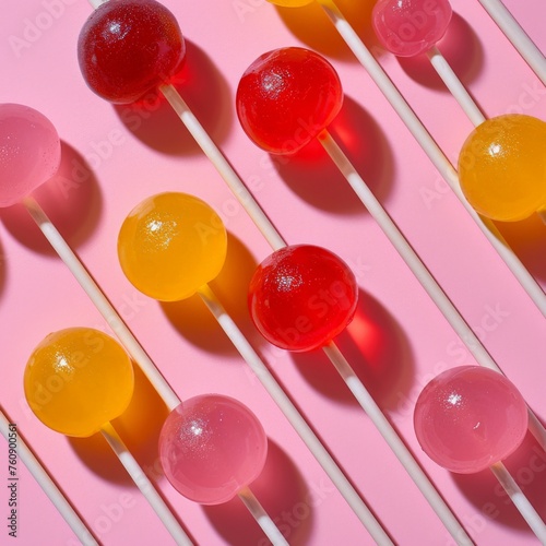 Colorful Assortment of Lollipops Arranged on Pink Surface with MultiColored Tops  Candy Treats Display for Sweet Tooths