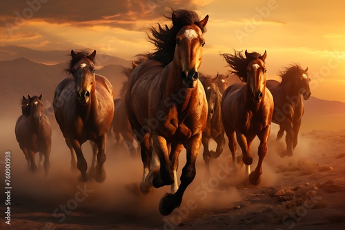 Horses running in the desert at sunset. 3D illustration. © Creative