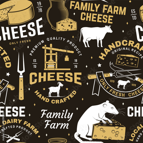 Cheese family farm seamless pattern or background. Fabric, textile, wallaper with block cheese, sheep lacaune on the grass, fork, knife for cheese, cow, cheese press. Vector. photo