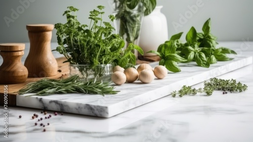 Spices. Photo of fresh herbs. Assortment of fresh and dried seasonings and herbs on a marble background.