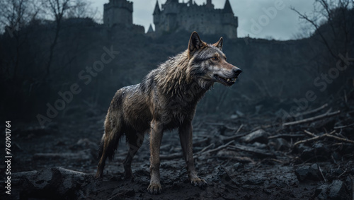 Dangerous prowling grey wolf in the wet and muddy woods with a high stone wall and old castle ruins in the background. © SoulMyst