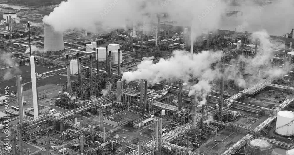 Pollution factory, smokestacks, smog, gas, poulltion, global warming problem by fossil fuels in the air. By the creating of petroleum products. Aerial drone view in balck grey and white.