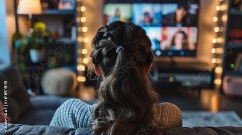 Rear view of a woman with braided hair taking part in an online video conference from her cozy living room.