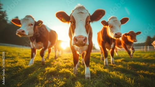 Cows in a field at sunset. Generative AI.