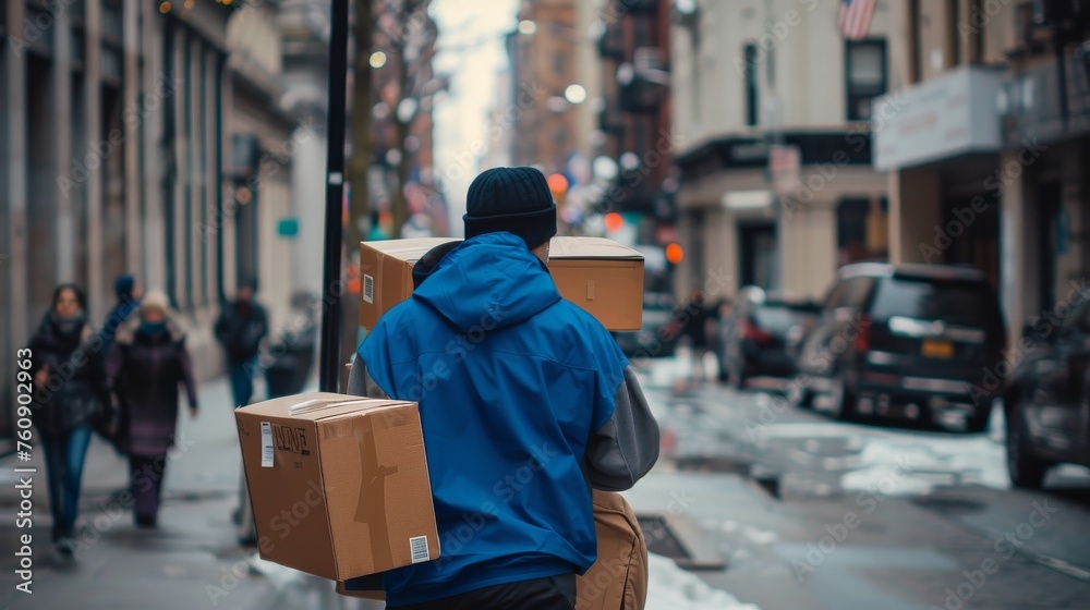 Man Walking Down Street Carrying Boxes Man Walking Down Street Carrying Boxes