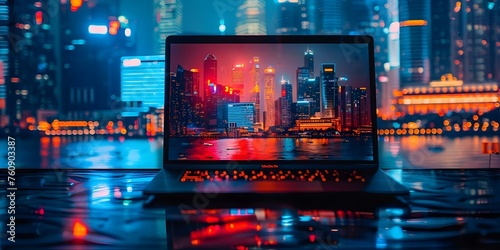 Laptop displaying news alert among city backdrop promoting instant notifications for users. Concept Technology, News Alerts, Cityscape, Instant Notifications, Laptop Display photo