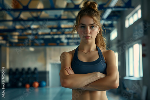 Confident young athlete stands poised in a gym, embodying strength