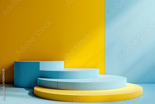 Sleek podium in shades of yellow and blue Creating a striking contrast for a minimalistic product showcase or an abstract design background.