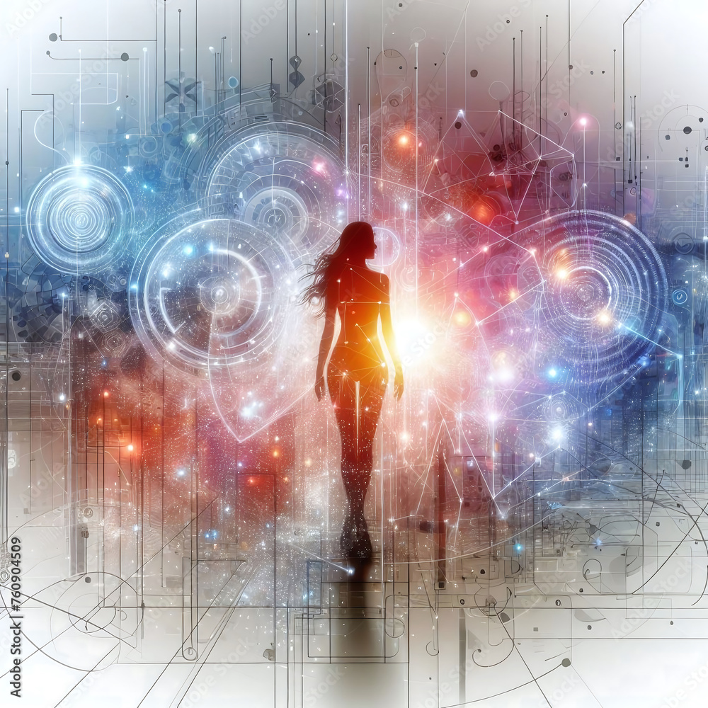 Futuristic digital interface with a female silhouette. Bright light effects on a dark blue background.
