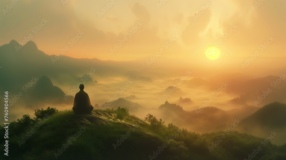 A man meditating on the mountain by during sunrise