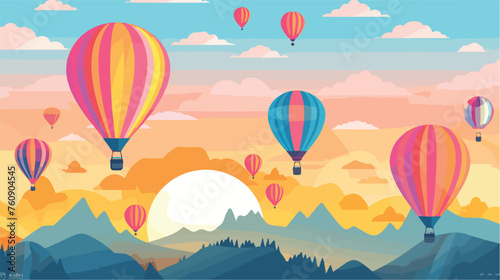 Colorful hot air balloons floating above a sunset s
