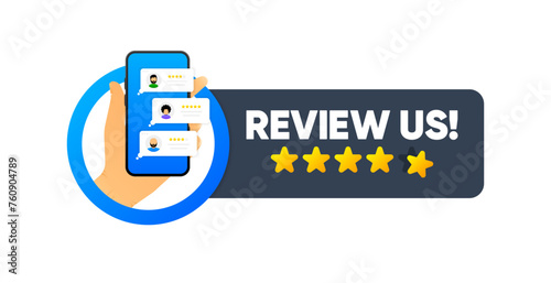 Review Us. Feedback concept. Review and rate us stars. User evaluates quality. Vector Illustration.