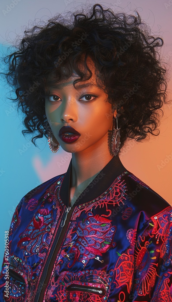 Woman With Curly Hair in Jacket and Earrings Woman With Curly Hair in Jacket and Earrings