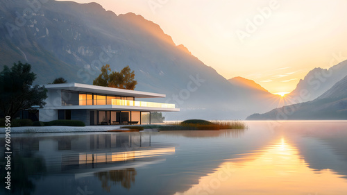 Modern house design, architecture by the lake reflected in water surrounded by mountains at sunrise, home and nature concept