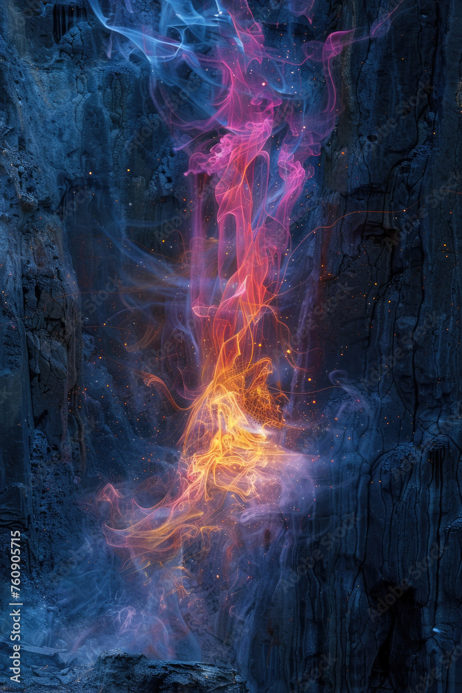 A painting depicting the contrast between fire and water within a cave