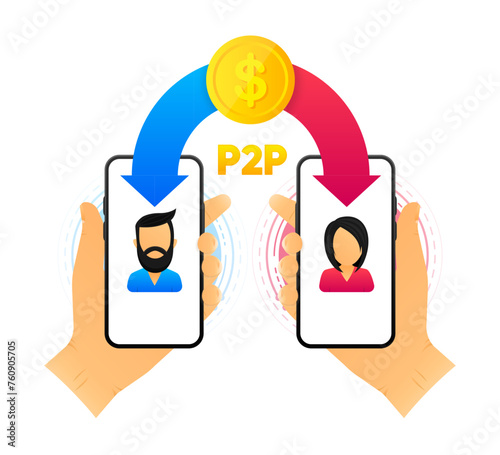 Peer to peer trading. P2P lending. Cryptocurrency. Virtual transaction between two users. Modern style. Vector illustration.