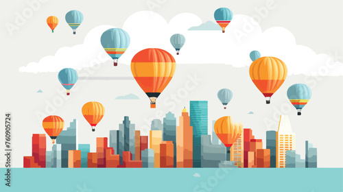 Colorful hot air balloons floating over a city skyl