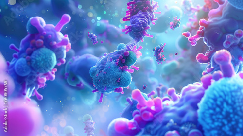 A vibrant representation of microorganisms, showcasing a variety of viruses and bacteria in an artistic microscopic simulation