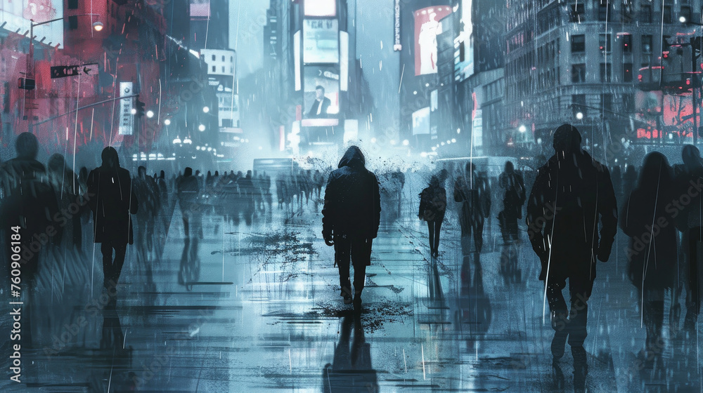 Alone in the City: An image of a solitary figure walking down a bustling city street, surrounded by a sea of people, yet feeling completely isolated in their thoughts. Generative AI