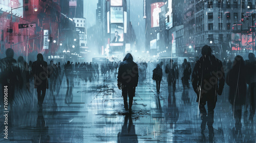 Alone in the City: An image of a solitary figure walking down a bustling city street, surrounded by a sea of people, yet feeling completely isolated in their thoughts. Generative AI