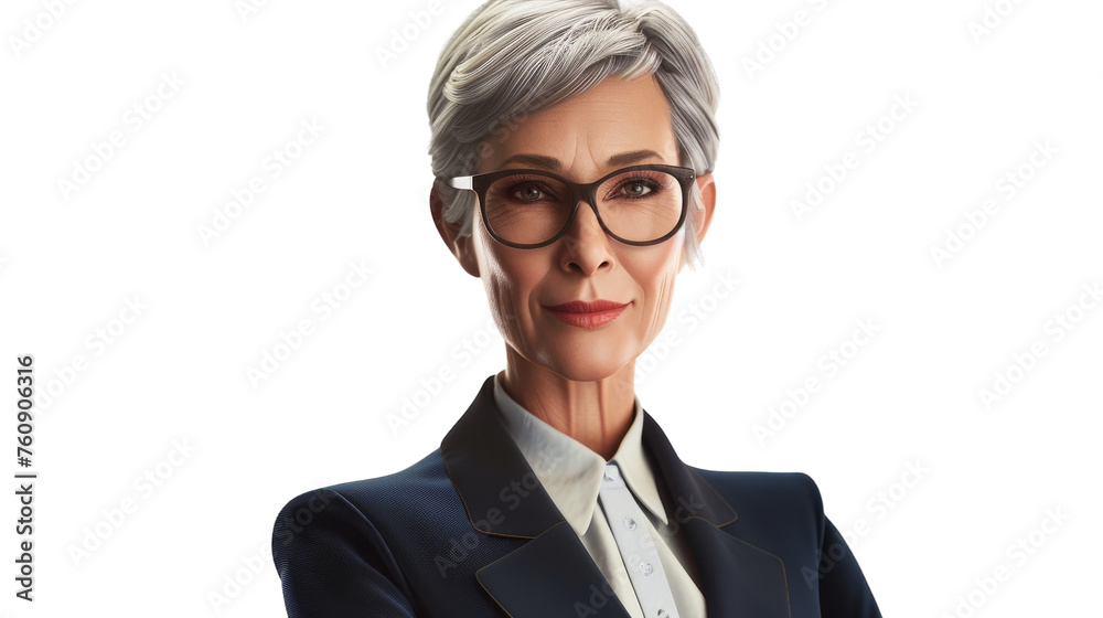 An older woman exuding confidence in a sleek suit and glasses