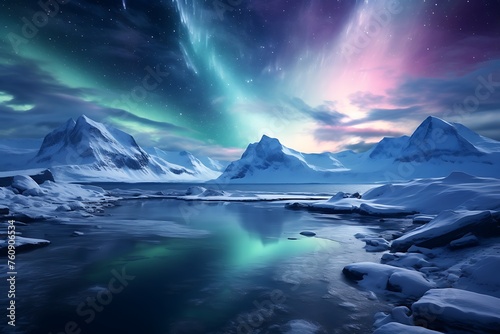 Northern lights over snowy mountains and lake. 3d render illustration. © Creative