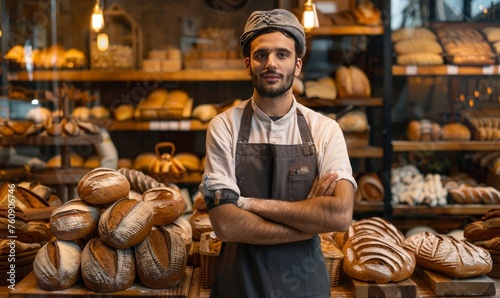 working portrait of a man Baker on a background of bread