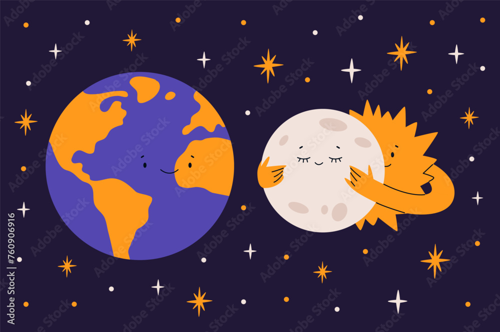 Solar eclipse cute characters