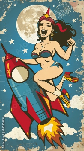 Woman Riding Rocket Ship