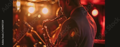 Saxophonist playing in a dimly lit jazz club with soft lighting highlighting the performance.