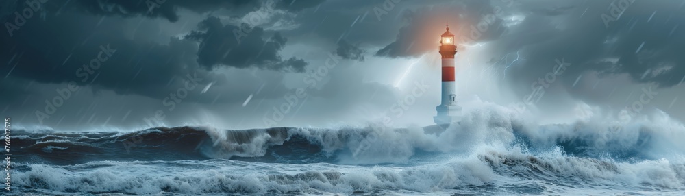 A lighthouse stands against a dramatic stormy sky, its beacon shining through heavy rain and high waves.