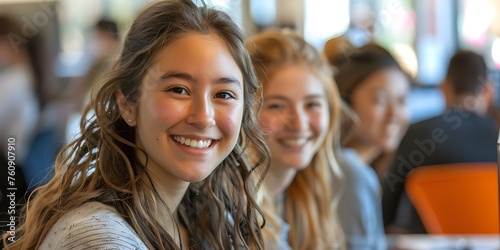 Empowering Young Women: Smiling and Collaborating at a Coding Workshop to Hone Programming Abilities. Concept Coding Skills, Empowerment, Workshop, Collaboration, Young Women