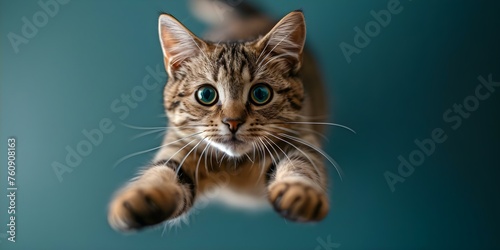 Joyful feline leaping playfully with comical face . Concept Feline Photography, Joyful Expressions, Playful Poses © Anastasiia