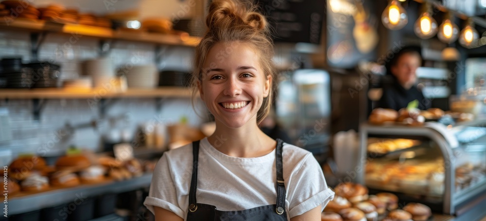 Woman Standing at Bakery Counter