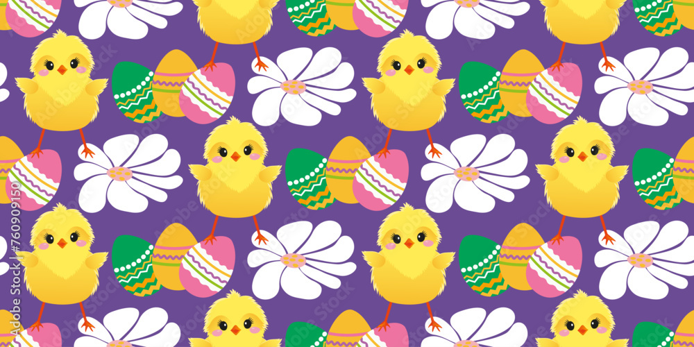Easter cute pattern with chicken, daisies, colored eggs. The cheerful Easter design for background, digital paper, wallpaper, fabric. Seamless pattern. Vector illustration.