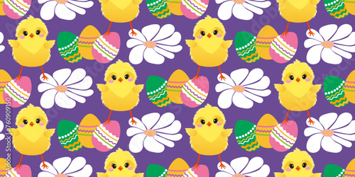 Easter cute pattern with chicken, daisies, colored eggs. The cheerful Easter design for background, digital paper, wallpaper, fabric. Seamless pattern. Vector illustration. © Mallva